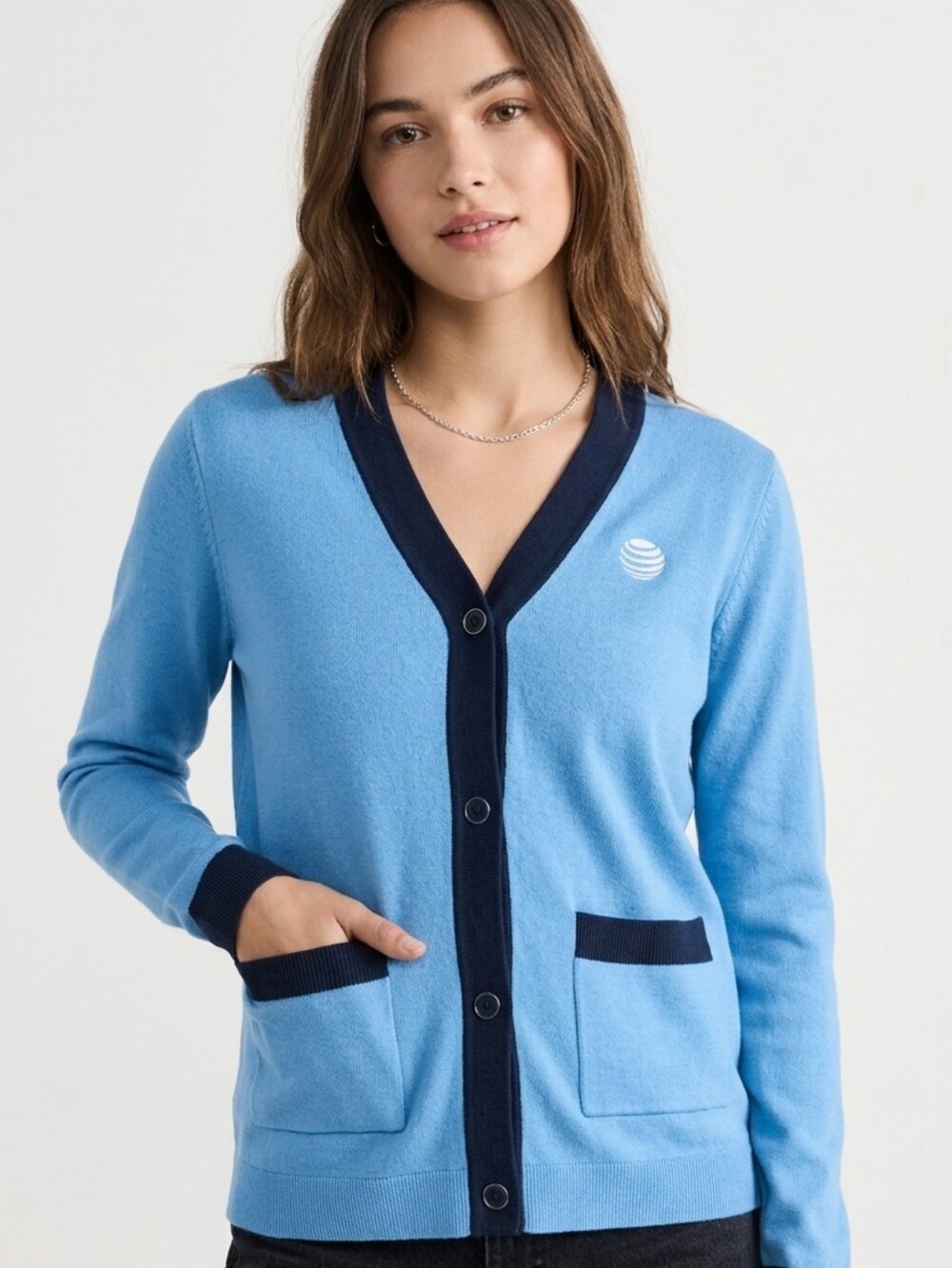 AT&T Uniform Embroidered Button Front Cardigan Sweater Blue Extra Small